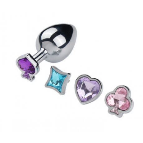 Металлическая анальная пробка с 4-мя сменными насадками со стразами "Пиковая Дама" Yeain SMGS18 