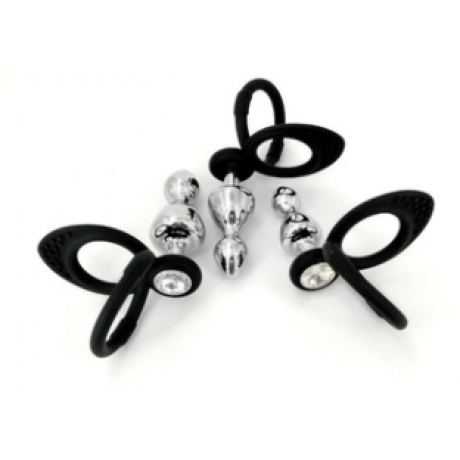 Металлическая анальная пробка со стразой и с силиконовыми кольцами на член и мошонку "Yeain SMJSGS-048-M"