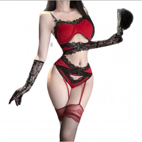 Красный секси-комплект белья с кружевами и чулками R21