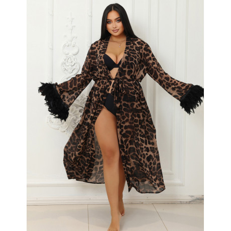 Длинный Леопардовый сексуальный халатик с перьевой отделкой R81369