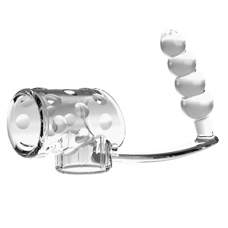 Стимулирующая Насадка на член с кольцом для мошонки, с открытой головкой и с рифлёным анальным стимулятором "Pretty Love Rilley"