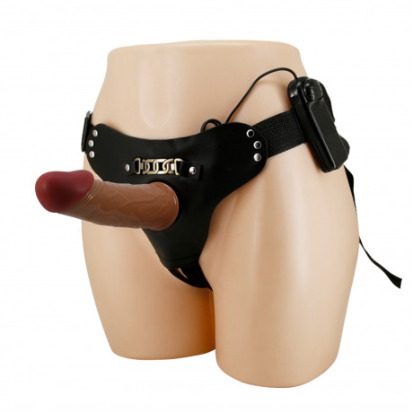 Мужской полый страпон с вибрацией и выносным пультом цвета кофе "Pretty Love Starks" 6,9"