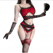 Красный секси-комплект белья с кружевами и чулками R21