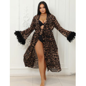 Длинный Леопардовый сексуальный халатик с перьевой отделкой R81369